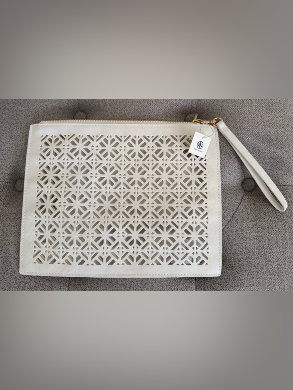 Tory Burch Cream Laser-Cut Leather Wristlet Clutch 11” x 8.5”